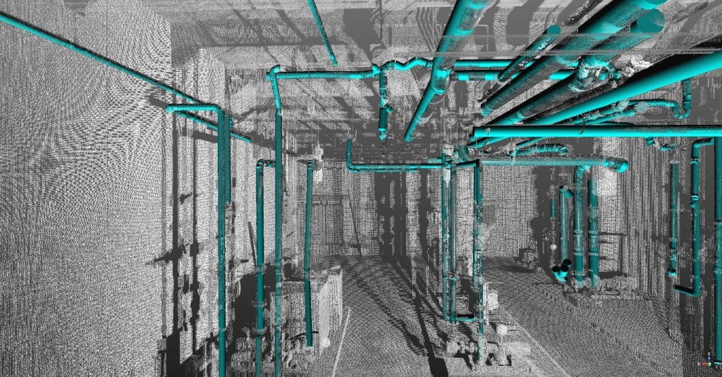 Building information model of a mechanical room developed from lidar data (image provided by Yelda Turkan, OSU College of Engineering)